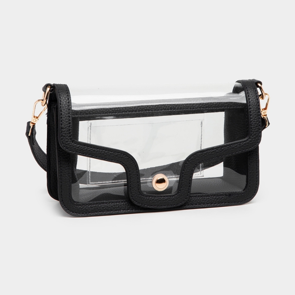 Black Transparent Clear Rectangle Bag Purse Shoulder Leather Casual See Through